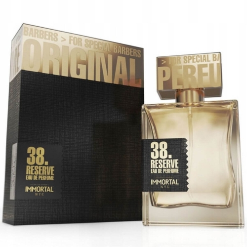 Perfumy Immortal Woda Perfumowana Reserve 38, 50 ml w szklanej butelce z matowym wykończeniem i złotą nakrętką z logo. Czarny, złotozdobiony kartonik. Butelka na wprost, detal etykiety.