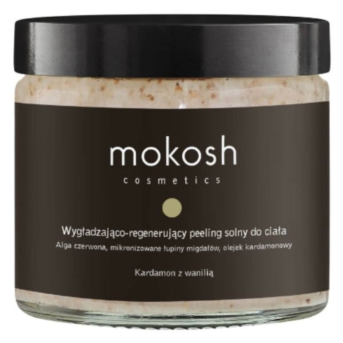 Peeling solny do ciała w przezroczystym słoiku 300 g z czarną zakrętką, etykietą mokosh i opisem składników. Widać naturalną, drobnoziarnistą strukturę z migdałami i solą, na gładkiej powierzchni.