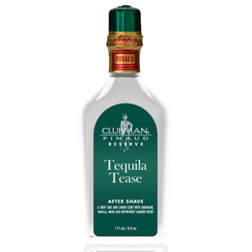 Butelka Lotionu po goleniu Clubman Pinaud Tequila Tease o pojemności 177 ml, stojąca w pionie. Przezroczysta butelka z prostokątnym kształtem, zielona etykieta z białymi napisami i złotą ozdobą. Niebieska zakrętka na górze.