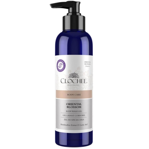 Niebieska butelka 250 ml żelu Clochee Oriental Blossom z pompką. Etykieta w bieli i brązie z napisami BODY CARE i GEL LAVANT CORPOREL. Produkt stoi na białym tle, podkreślając elegancki design.