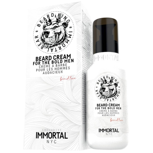 Krem do brody i wąsów 100 ml w białej butelce z czarną zakrętką, z logo BEARD KING i napisem BEARD CREAM FOR THE BOLD MEN. Obok stoi opakowanie z tym samym wzorem na białym tle.