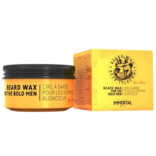 Pomada woskowa do brody i wąsów, 50 ml, z czarnym wieczkiem i żółtą etykietą. Napis „BEARD WAX FOR THE BOLD MEN” i logo lwa. Produkt stoi frontalnie, widoczne detale opakowania na białym tle.