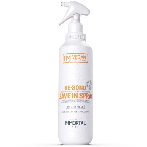 Odżywka do włosów w sprayu 250 ml, biała matowa butelka z pompką, pomarańczowe napisy o funkcji naprawczej i składnikach, ustawiona pionowo na białym tle, podkreślająca nowoczesny design.