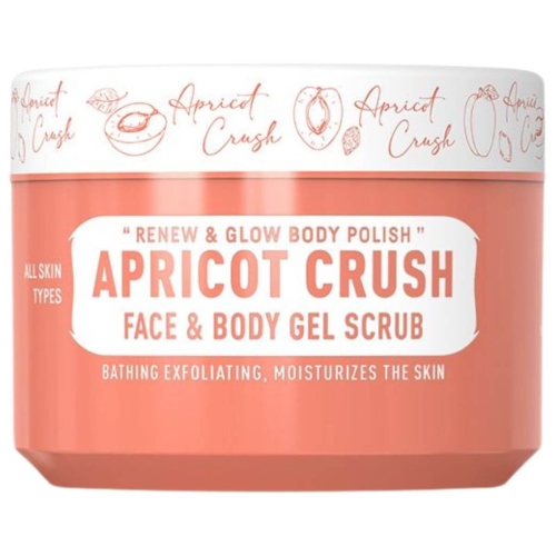 Żelowy peeling do twarzy i ciała, 300 ml, brzoskwiniowy z białą etykietą. Napis Apricot Crush i info all skin types. Opakowanie stoi na zaokrąglonym dnie, pokazując pełną szerokość frontu.