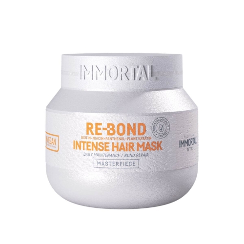 Regenerująca maska do zniszczonych włosów w białym, matowym słoju 250 ml. Na etykiecie pomarańczowy napis 'RE-BOND', 'INTENSE HAIR MASK' i logo 'IMMORTAL'. Proste, neutralne tło, ujęcie frontalne.
