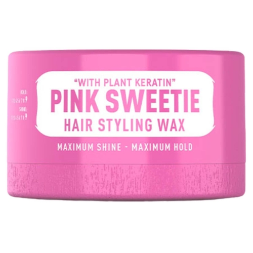 Różowa pomada do włosów, 150 ml, z napisami „Pink Sweetie”, „Maximum Shine - Maximum Hold” i „with plant keratin”. Gładka, błyszcząca, okrągła, na jednolitym tle.