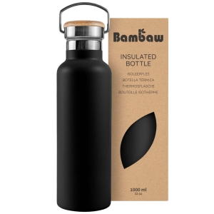 Bambaw Schwarze Thermosflasche aus Edelstahl mit Bambusverschluss „Jet Black“, 1000 ml