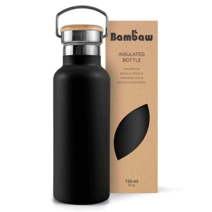 Bambaw Schwarze Thermosflasche aus Edelstahl mit Bambusverschluss „Jet Black“, 750 ml