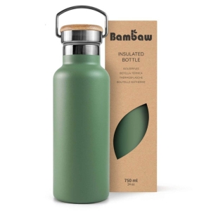 Bambaw Grüne Thermosflasche aus Edelstahl mit Bambusverschluss, Farbe „Sage Green“, 750 ml