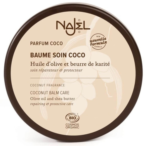 Czarny, okrągły słoik z beżową etykietą BAUME SOIN COCO, zawierający oliwę z oliwek i masło shea. Logo NAJEL u góry i oznaczenie BIO na jasnym tle.