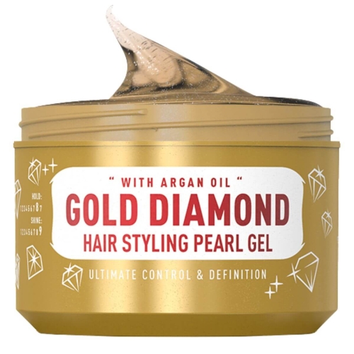 Żel do stylizacji włosów w złotym słoiku 300 ml, z napisem Gold Diamond Hair Styling Pearl Gel i with Argan Oil, stojący, pokryty błyszczącą przezroczystą substancją na pokrywce, na jasnym tle.