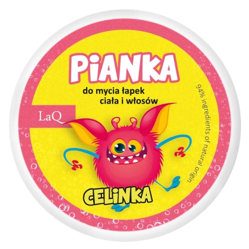 Żółta pianka do mycia rąk, ciała i włosów dla dzieci, 20 g. Okrągłe opakowanie, front z etykietą: różowy stworek z uśmiechem, napis Pianka i CELINKA na żółtym tle z bąbelkami.