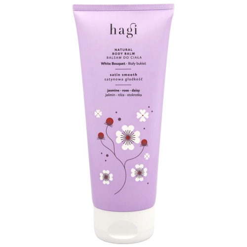 Naturalny balsam Hagi 200 ml, fioletowa tuba z kwiatowym wzorem, front z napisem 'Biały Bukiet' i składnikami jaśmin, róża, stokrotka. Etykieta podkreśla satynową gładkość skóry.