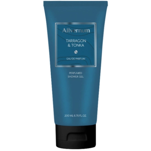 Żel pod prysznic Allvernum 200 ml w błękitnej tubce z matową fakturą. Na froncie logo i napis Tarragon & Tonka. Tubka z czarną dolną częścią i solidnym zamknięciem na jednolitym tle.