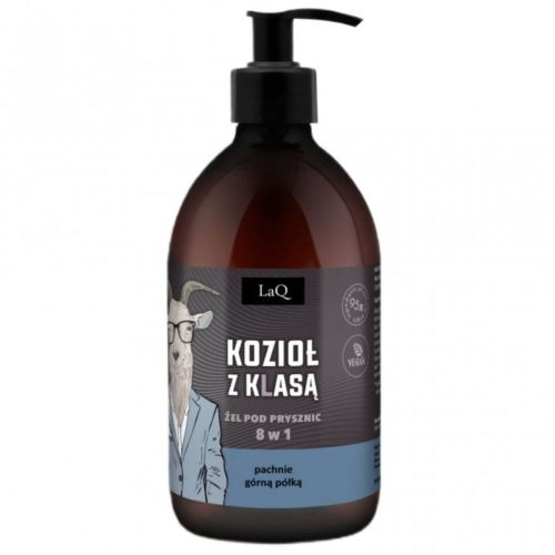 Żel pod prysznic LaQ Kozioł z klasą 8w1, 500 ml, ciemnobrązowa butelka z czarną pompką. Etykieta z kozłem w garniturze i okularach, napisy Kozioł z klasą, żel pod prysznic 8w1 i pachnie górną półką. Jasne tło.