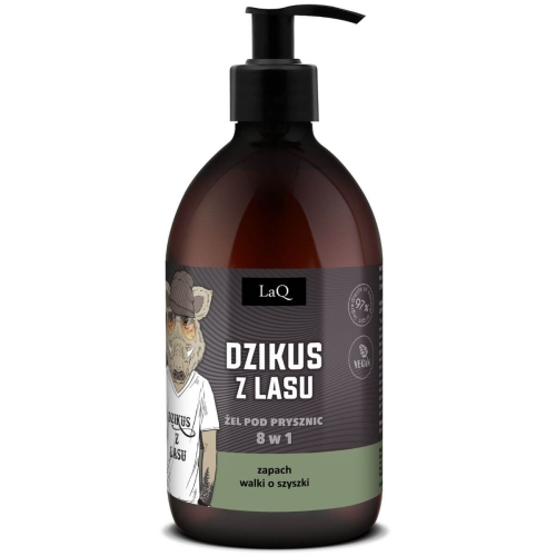 LaQ Czarny Dzikus z Lasu to męski żel 8w1, 500 ml w brązowej butelce z dozownikiem. Etykieta z dzikiem w kapeluszu, napisem „DZIKUS Z LASU” i ciemnoszarym tłem z zielonym akcentem podkreśla zapach „walki o szyszki”.