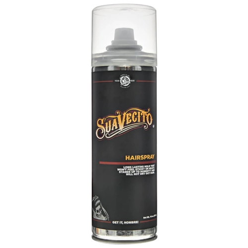 Czarny spray do włosów Suavecito 283 ml z przezroczystą nakrętką, złotym logo i napisem HAIRSPRAY. Stoi pionowo na jednolitym tle, z opisem właściwości na dole opakowania.