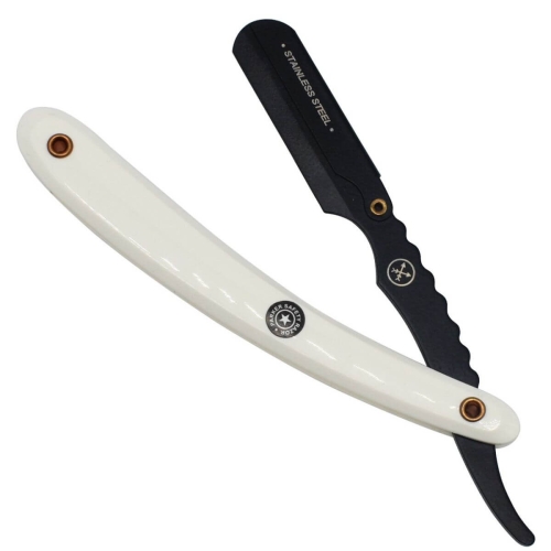 Brzytwa Parker SRWBA z białym ergonomicznym plastikowym uchwytem i czarną stalową głowicą z napisem 'STAINLESS STEEL' oraz znakiem Parker. Produkt widoczny z boku na jasnym tle.