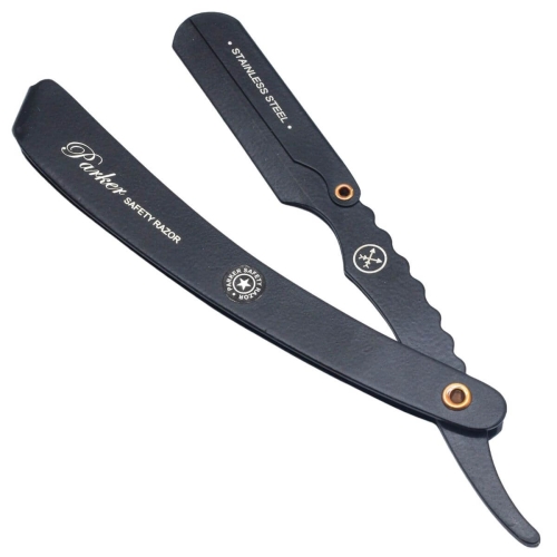 Czarna brzytwa Parker SRXBLK z metalowym ostrzem i ergonomiczną rączką, ułożona zamknięta, z napisami Stainless Steel i Parker Safety Razor na jednolitym tle podkreślającym styl.