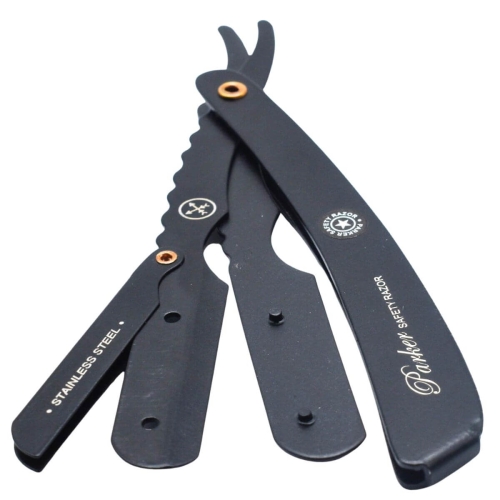 Czarna brzytwa Parker SRXBLK ze stali nierdzewnej, frontalne ujęcie otwartego produktu z widocznym logo, napisem STAINLESS STEEL i unikalnym uchwytem. Białe tło podkreśla elegancję.