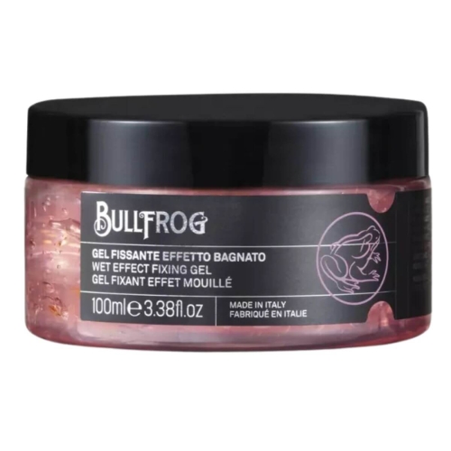 Żel do włosów Bullfrog 100 ml, efekt mokrego wykończenia, jasnoróżowy, w przezroczystym słoiczku z czarną zakrętką i białymi napisami na czarnym tle.