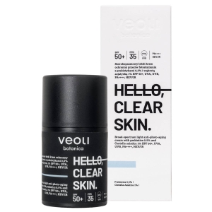 Veoli Botanica Hello Clear Skin Leichte Schutzcreme gegen lichtbedingte Hautalterung mit 0,5 % Präbiotika und 1 % asiatischem Wassernabel, LSF 50+ Hello Clear Skin 50 ml