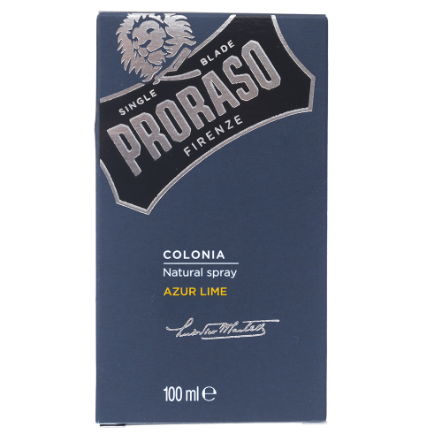 Szary kartonik PRORASO z symbolem lwa, napis COLONIA Natural spray AZUR LIME i pojemnością 100 ml, ustawiony frontalnie na jednolitym tle.