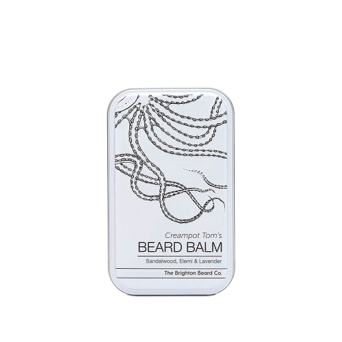 Biały, matowy słoiczek balsamu do brody Creampot Tom's Beard Balm z czarną grafiką łańcuchów i macki ośmiornicy, napisem BEARD BALM oraz składnikami: sandałowiec, elmi, lawenda i logo The Brighton Beard Co.