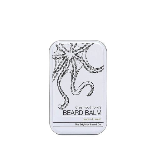 Metalowa puszka balsamu do brody z czarną grafiką ośmiornicy, napisem Creampot Tom's BEARD BALM, Jasmin & Lemon i logo The Brighton Beard Co., ustawiona frontalnie na jednolitym tle.