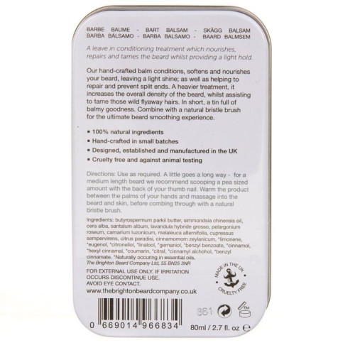 Balsam do brody 80 ml w metalowym opakowaniu z zaokrąglonymi rogami. Srebrno-czarne etykiety z opisem, składnikami, metodą produkcji i zaleceniami. Logo Cruelty Free. Tekst po angielsku na białym tle.
