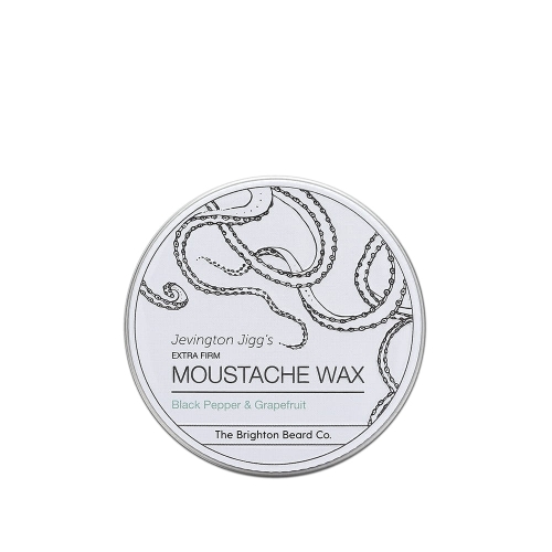 Słoik wosku do wąsów Jevington Jigg's z wzorem przypominającym macki ośmiornicy, okrągły pojemnik z napisem „MOUSSTACHE WAX” i zapachem czarnego pieprzu i grejpfruta, matowa powierzchnia na jednolitym tle.
