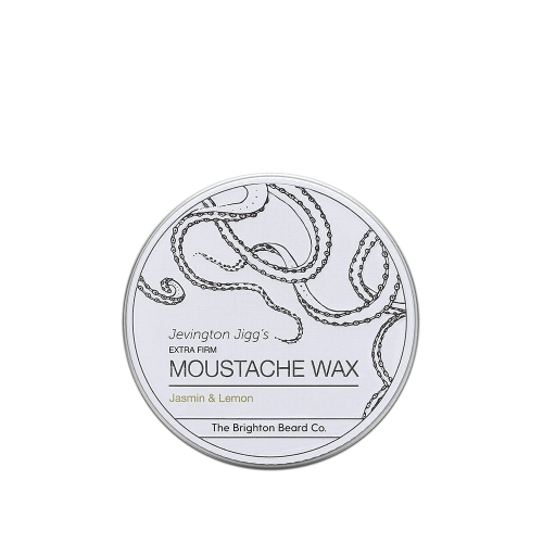 Wosk do wąsów Jevington Jigg's w metalowym pojemniku z białą etykietą, czarnym nadrukiem ośmiornicy i napisem EXTRA FIRM MOUSTACHE WAX Jasmin & Lemon na jasnym tle.