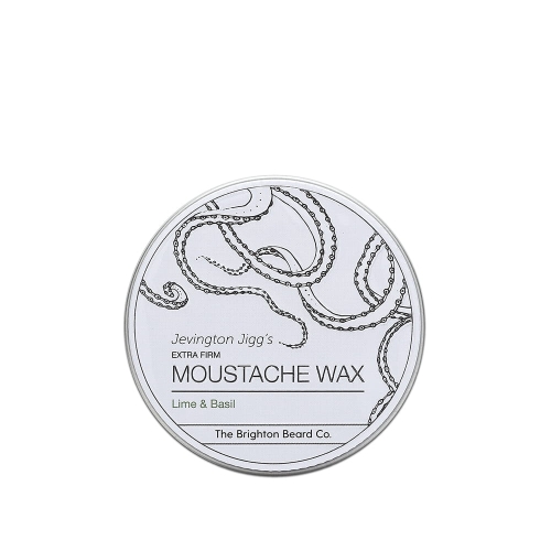 Biały, okrągły pojemnik na wosk do wąsów z czarnym wzorem ośmiornicy. Napisy: Jeventon Jigg’s EXTRA FIRM MOUSTACHE WAX i Lime & Basil. Widok z przodu.
