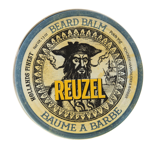 Niebieskie, okrągłe opakowanie balsamu do brody Reuzel z piracką ilustracją. Na etykiecie żółta nazwa REUZEL oraz teksty HOLLANDS FINEST i BAUME A BARBE. Zamknięte wieczko, pastelowe tło.