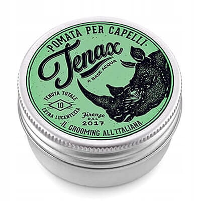 Metalowy, okrągły pojemnik na pomadę do włosów Tenax z zieloną etykietą nosorożca, napisem Pomata per capelli i logo marki. Etykieta zawiera info o jakości i roku 2017.