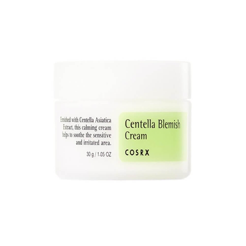 Biały słoiczek 30 g kremu Centella Blemish Cream z zieloną etykietą, napisem i logo COSRX, na białym tle. Minimalistyczny design z czytelną informacją o składzie.