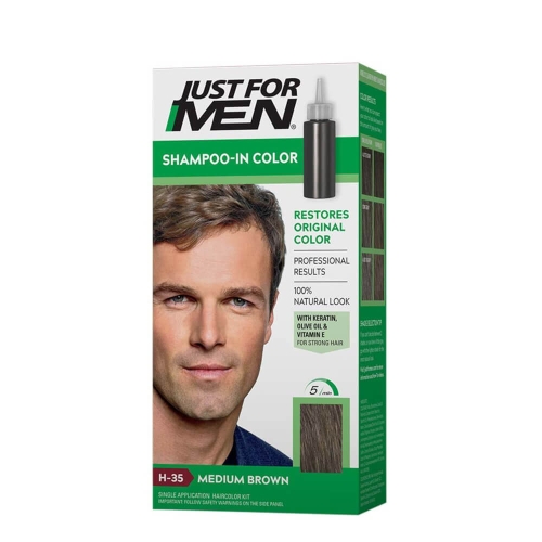 Zestaw Just For Men do koloryzacji włosów w średnim brązie z szamponem. Opakowanie z mężczyzną o krótkich falowanych włosach, zielone akcenty, składniki: keratyna, oliwa z oliwek, witamina E. Czas aplikacji: 5 minut.
