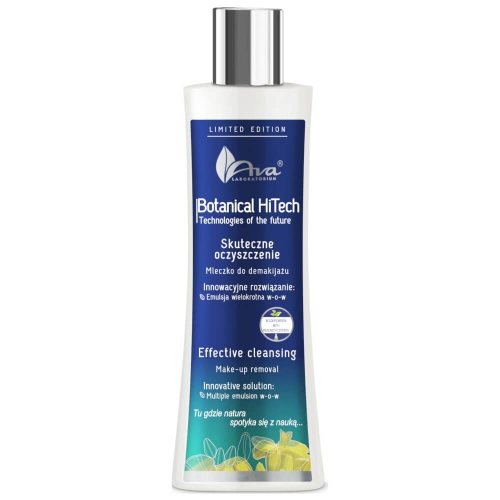 Mleczko do demakijażu AVA Laboratory w przezroczystej butelce z niebieską etykietą, napisy „Skuteczne oczyszczanie”, „Effect cleansing” i „Limited Edition”. Butelka stoi, ma srebrną metalową nakrętkę.