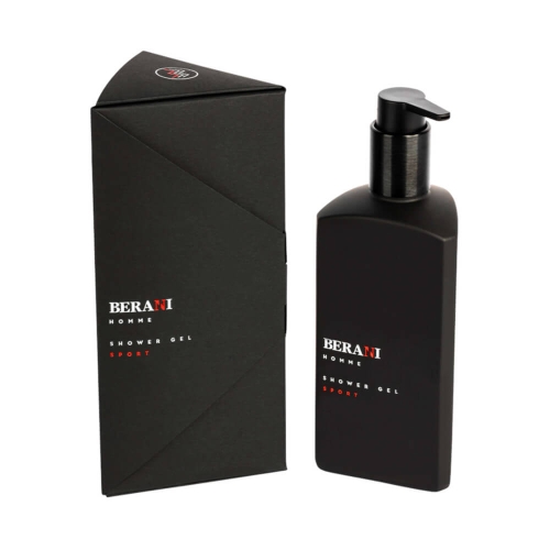 Czarny flakon żelu pod prysznic Berani Homme Sport z pompką obok matowego pudełka. Na flakonie białe logo BERANI i napisy HOMME, SHOWER GEL SPORT. Pudełko ma minimalistyczny, elegancki design.