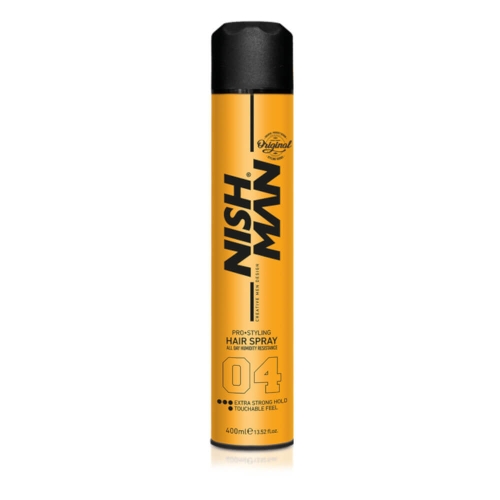 Lśniący spray do stylizacji włosów NISH MAN 400 ml, żółta cylindryczna butelka z czarną nakrętką, oznaczenie 04 i napis PRO-STYLING HAIR SPRAY na białym tle.