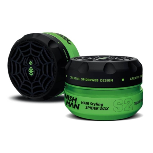 Zielony, okrągły pojemnik z czarną nakrętką, zawierający wosk do włosów NISH.MAN. Napis HAIR Styling SPIDER WAX S2 oraz wzór pajęczej sieci na górze. Pojemnik leży na białym tle, ukazując bok.