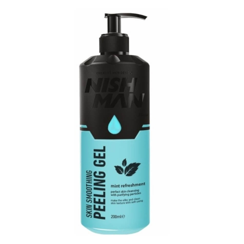 Butelka żelu peelingującego NISHMAN 200 ml z pompką, czarna etykieta z błękitnym akcentem. Napisy: SKIN SMOOTHING PEELING GEL, mint refreshment. Nowoczesny design, stoi pionowo na jednolitym tle.