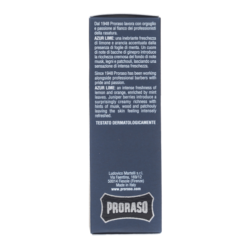 Preparat do golenia Proraso Azur Lime w niebieskiej tubie z logo. Opis mówi o intensywnej świeżości cytrusów i miętowych liściach. Tło jednolite, ujęcie frontalne.