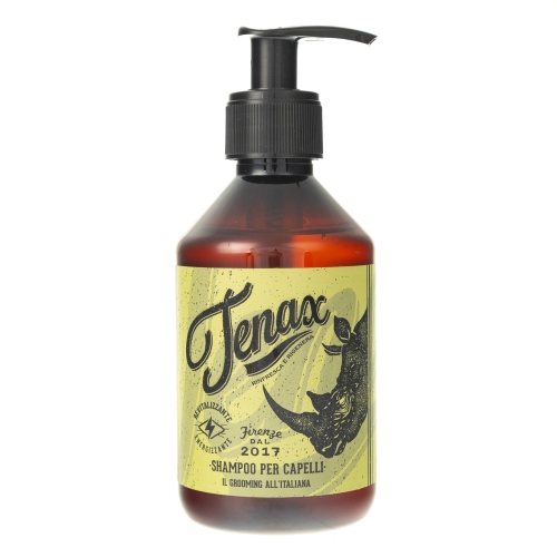 Szklana butelka szamponu Tenax o pojemności 300 ml, w kolorze ciemnego brązu, z czarną pompką. Etykieta w jasnym, żółtym kolorze z czarnymi napisami i ilustracją nosorożca. Widok frontalny z leżącą butelką na prostej białej powierzchni.
