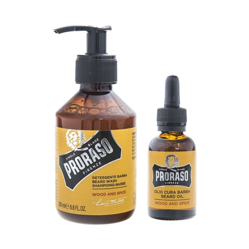 Zestaw Proraso Wood and Spice: 200 ml brązowa butelka szamponu do brody z pompką i mała butelka oleju z zakraplaczem, obie z etykietą Proraso. Produkty na jednolitym tle.