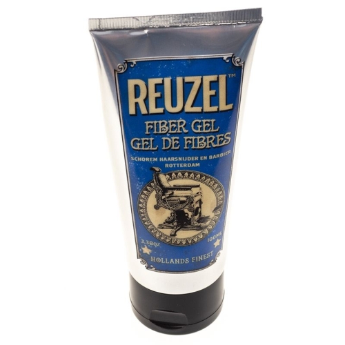 Tubka niebiesko-białego żelu Reuzel do włosów (100 ml) stoi na czarnym kapeluszu. Na etykiecie logo, napis Fiber Gel i obrazek maszynki do fryzjera.
