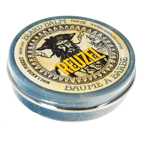 Balsam do brody w niebieskim, metalowym pudełku 7 cm, z grafiką mężczyzny w kaptajńskim kapeluszu, napisem REUZEL w żółtym i dekoracyjnymi kremowymi elementami, opis BEARD BALM i BAUME À BARBE.
